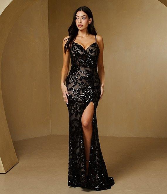 B. Darlin Spaghetti Strap Illusion Bodice Godet Slit Dress Product Image