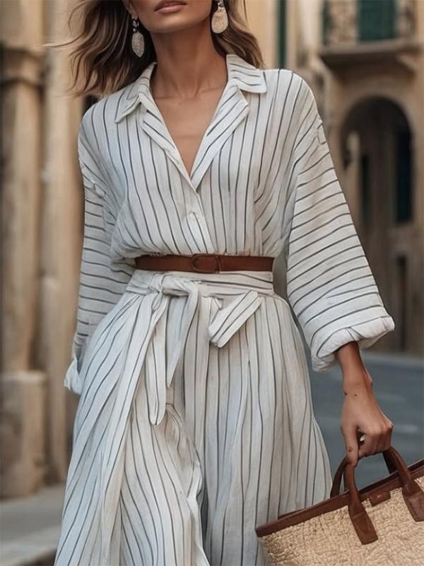 Long Sleeves Loose Belted Buttoned Striped Notched Collar Midi Dresses Shirt Dress Product Image