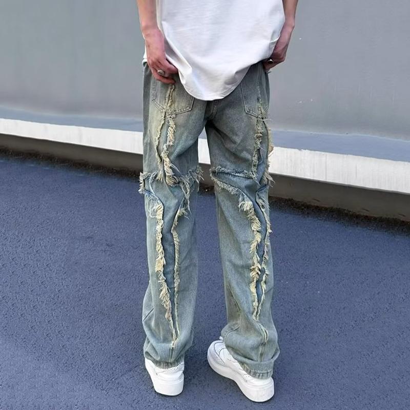 Sopula Raw Edge Washed Distressed Street Straight-Leg Jeans Product Image