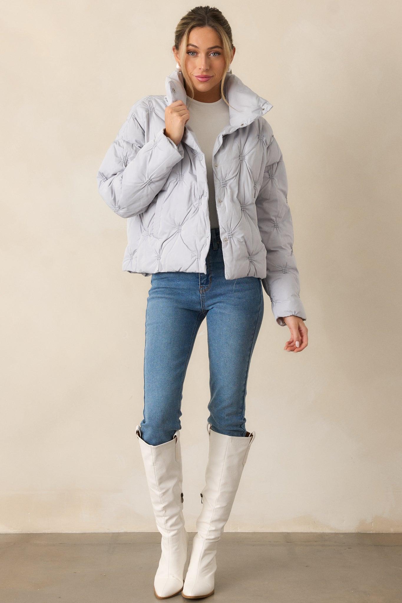 Forever Mine Ash Blue Tufted Puffer Jacket Product Image