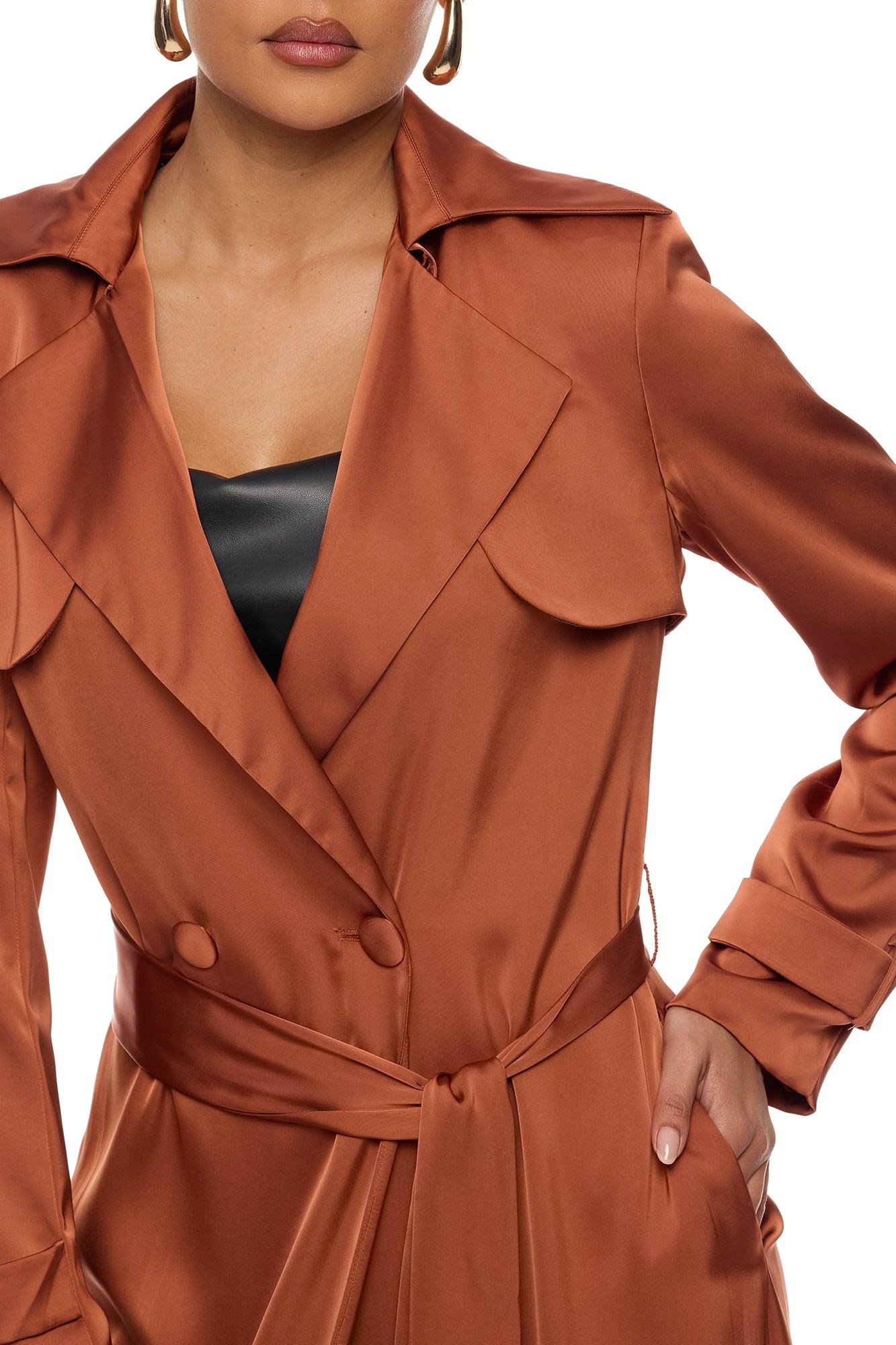 Gabriella Satin Trench Coat And Pant Set - Bronze Female Product Image