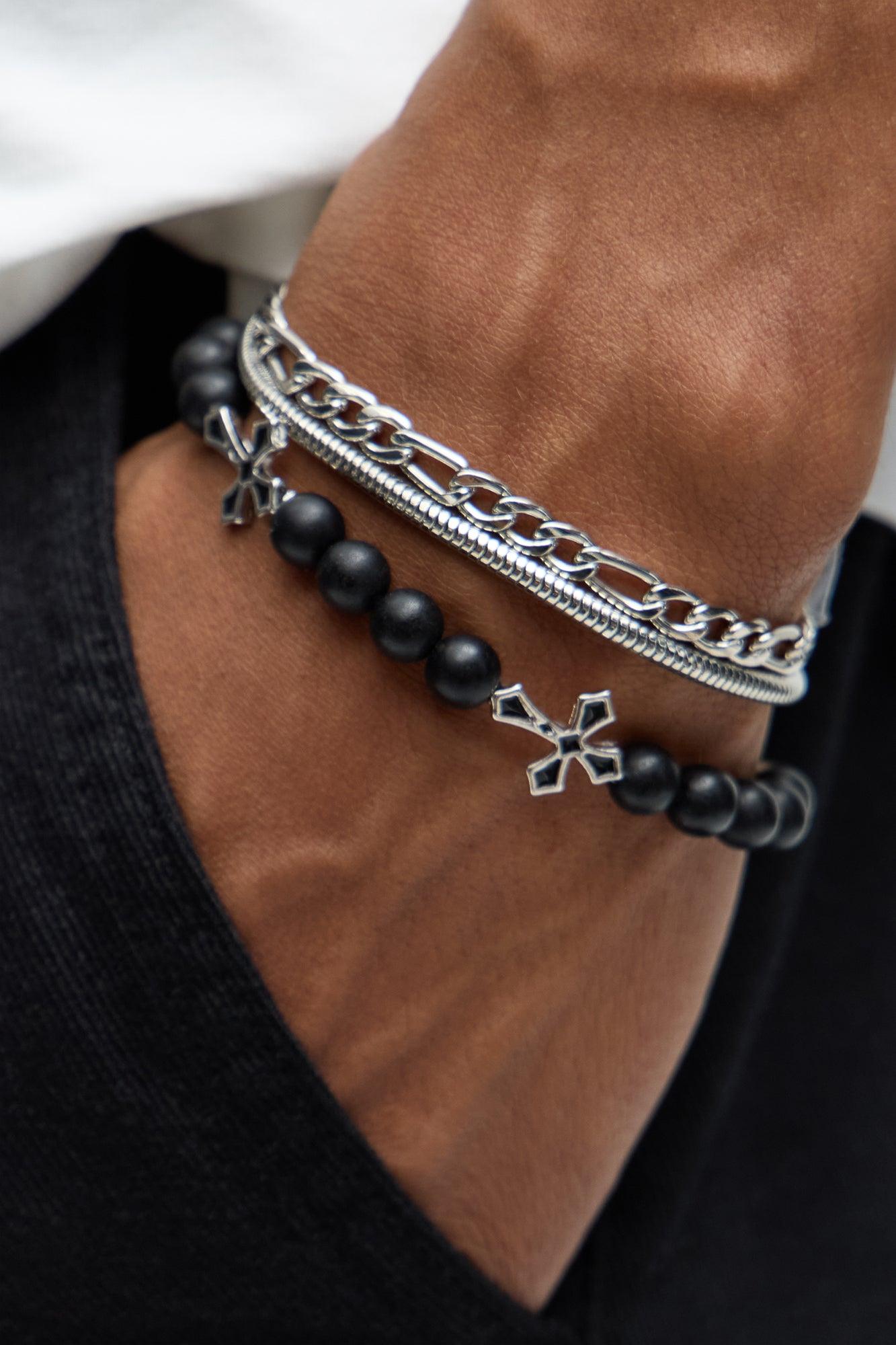 Harbor Beaded Bracelet Set - Silver/Black Product Image