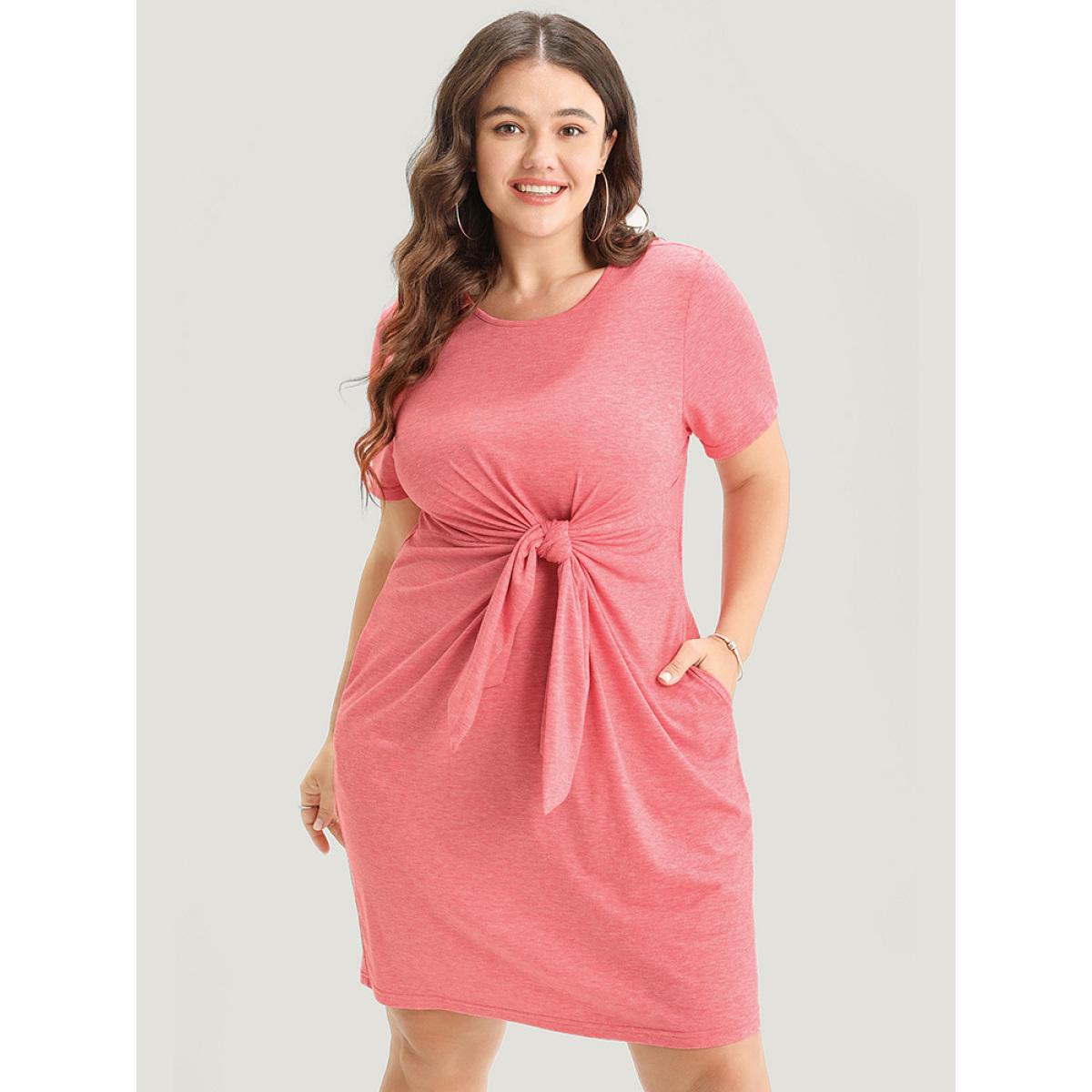 Plus Size Solid Round Neck Pocket Knot Front Knee Dress Watermelon Women Casual Plain Round Neck Short sleeve Curvy Knee Dress BloomChic 26/4X Product Image