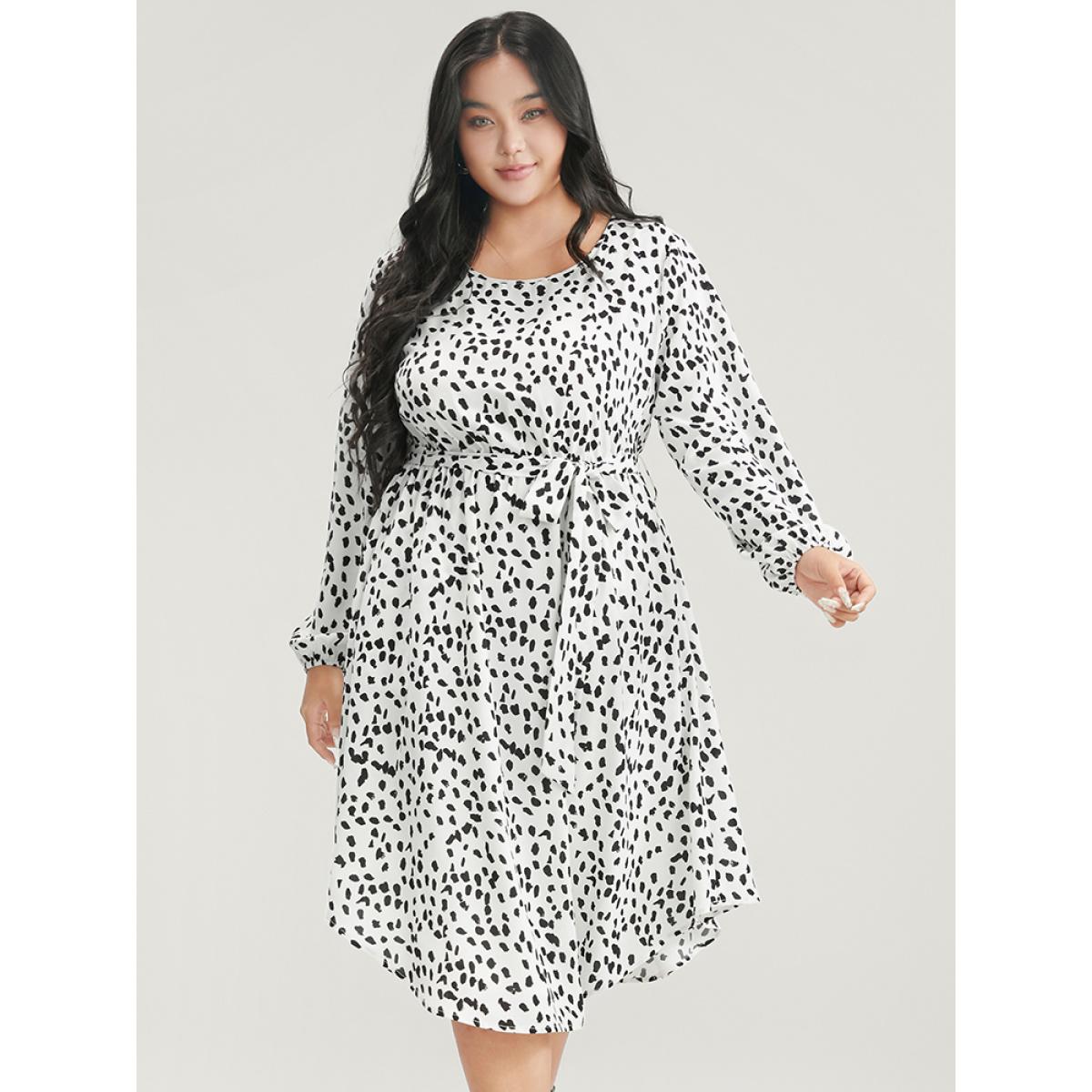 Plus Size Leopard Print Lantern Sleeve Pocket Belted Arc Hem Dress White Women Elegant Pocket Round Neck Long Sleeve Curvy Midi Dress BloomChic 28/5X Product Image