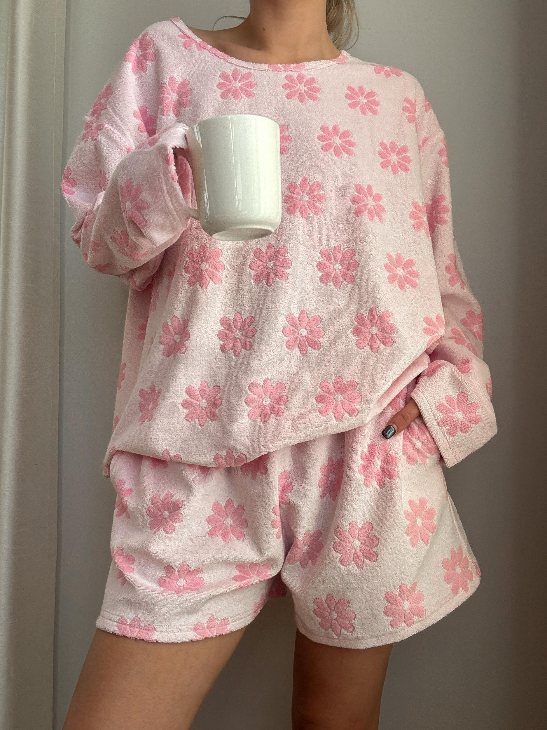 Pink Flowers Long Sleeve Pajama Top Product Image