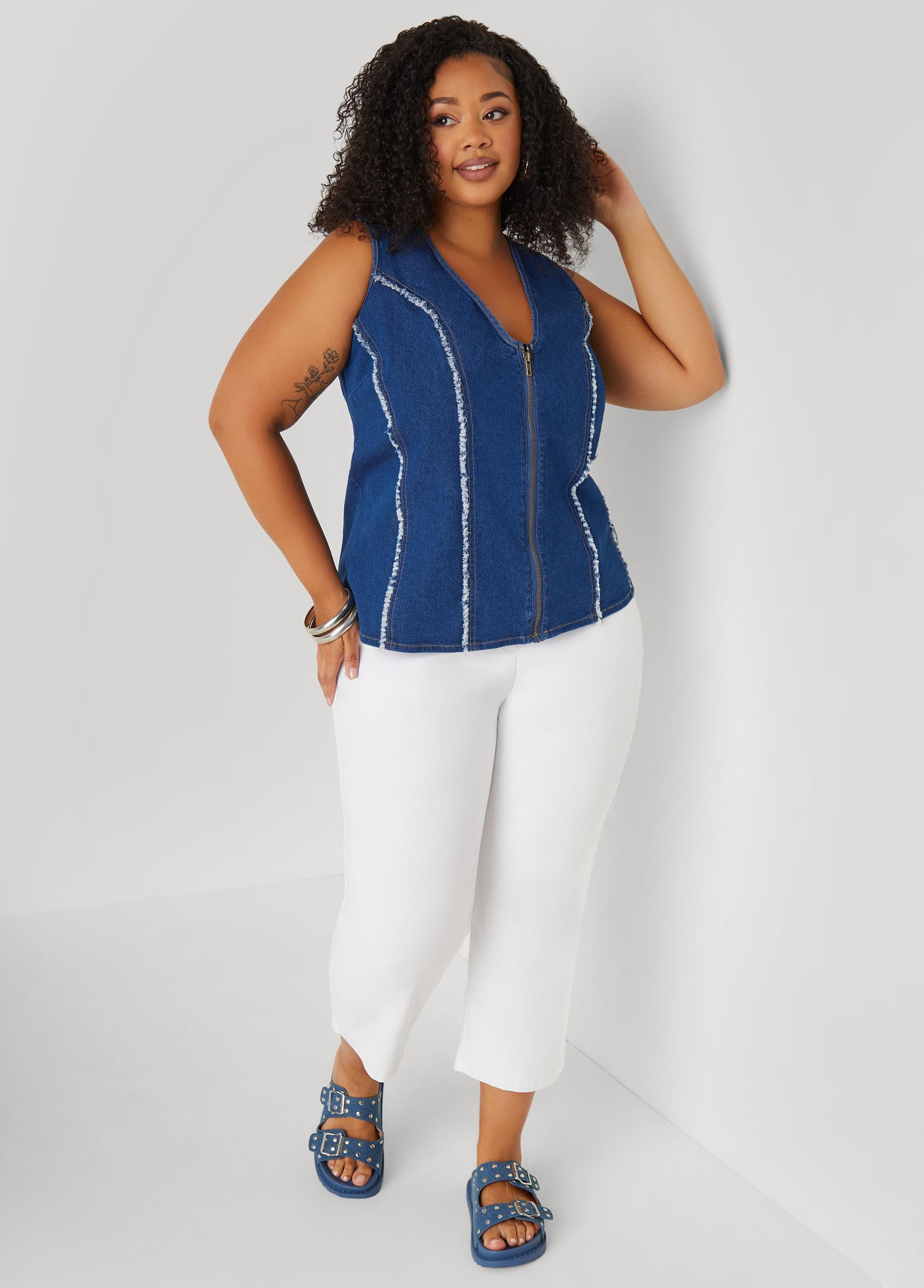 Plus Size Frayed Denim Top Ashley Stewart Product Image