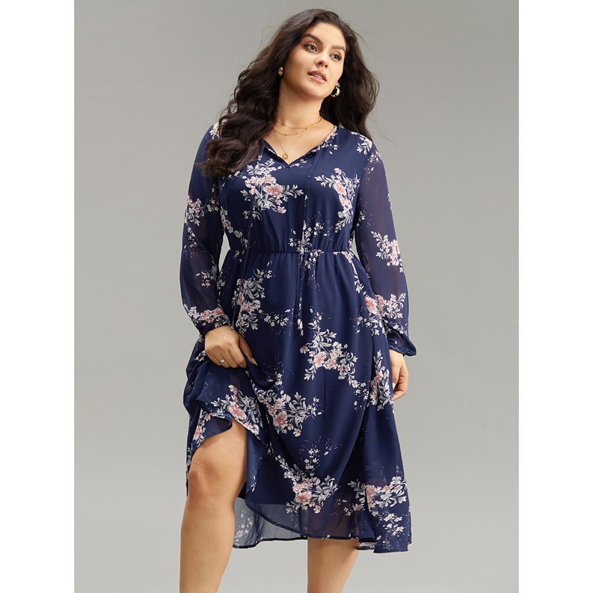 Plus Size Floral Print Knot Neck Pocket Dress DarkBlue Women Elegant See through Tie Neck Long Sleeve Curvy Midi Dress BloomChic 14-16/1X Product Image