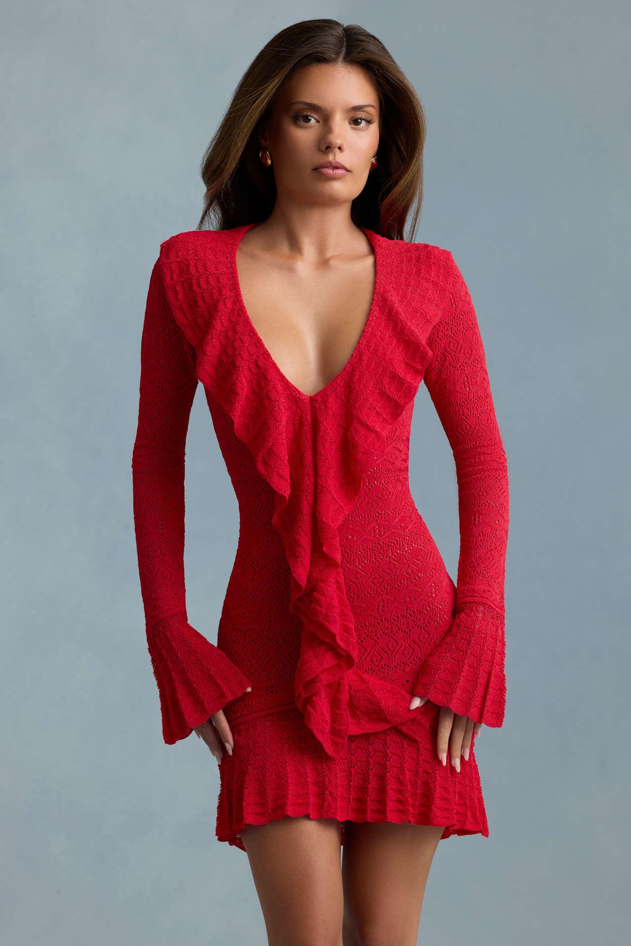 Ruffle-Trim Pointelle-Knit Mini Dress in Scarlet Red Product Image