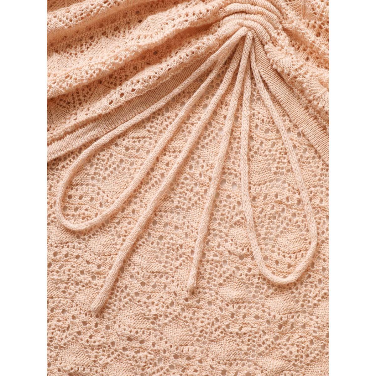 Plus Size Texture Drawstring Shoulder Sleeve Pullover Coral Women Casual Long Sleeve Deep V-neck Everyday Pullovers BloomChic 30/6X Product Image