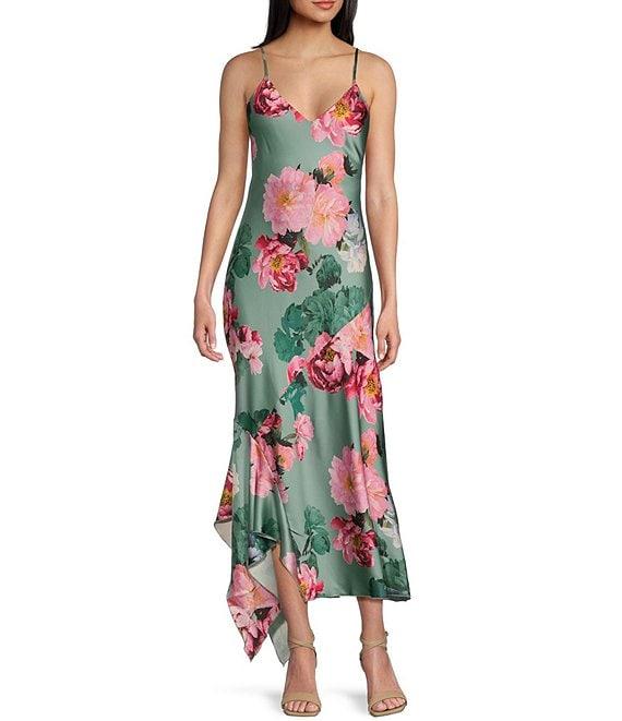 Honey and Rosie Floral Print Satin Slip V-Neck Handkerchief Hem Dress Product Image