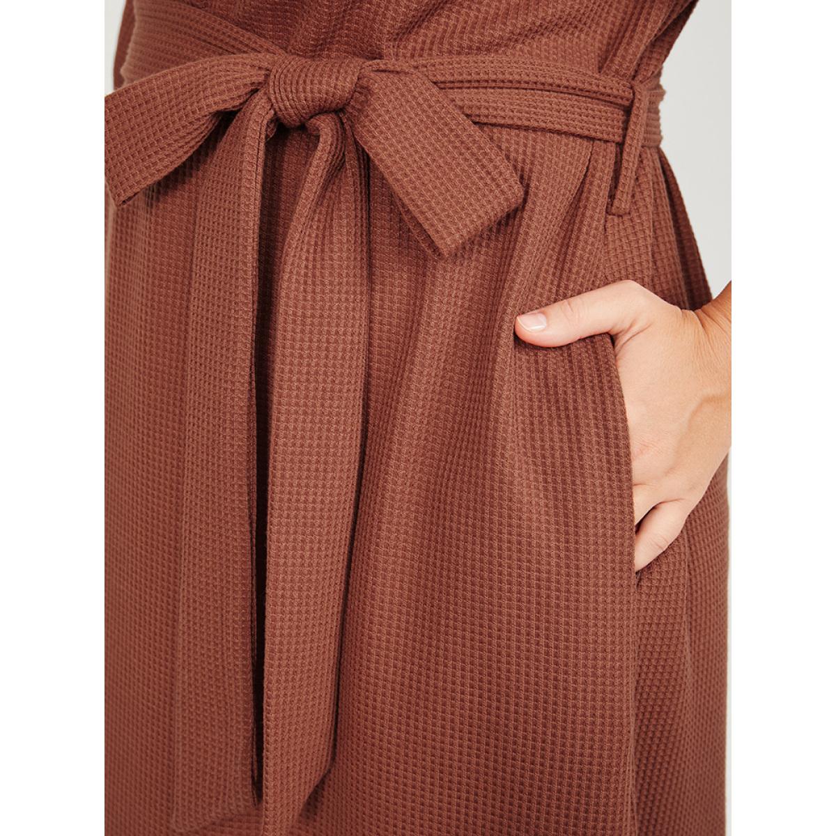 Plus Size Solid Button Detail Pocket Belted Waffle Knit Dress Chocolate Women Office Belted V-neck Half Sleeve Curvy Midi Dress BloomChic 28/5X Product Image