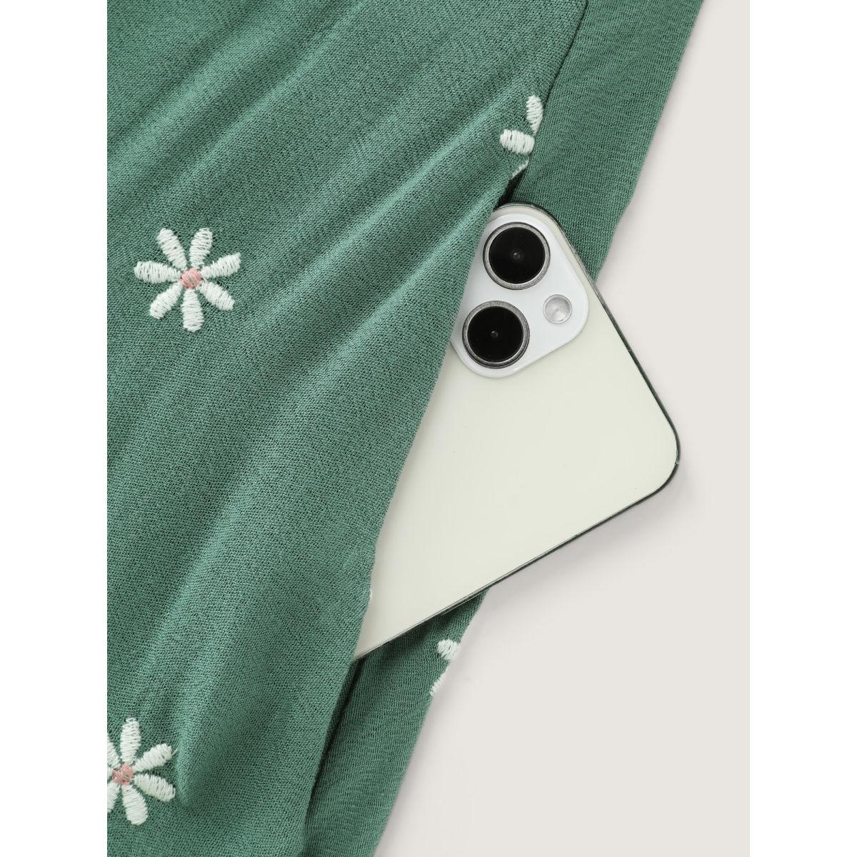 Plus Size Supersoft Floral Embroidered Waist-Tie Mini Dress Teal Women Playful Belted Round Neck Short sleeve Curvy BloomChic 26/4X Product Image