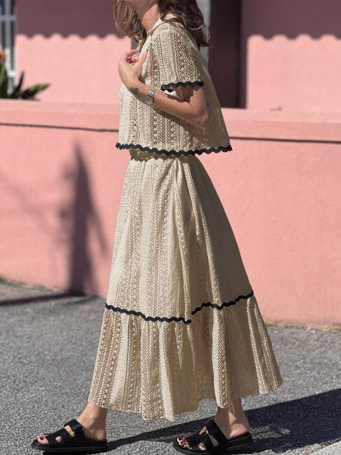 Contrast Trim Openwork Short Sleeve Top and Skirt Set Product Image