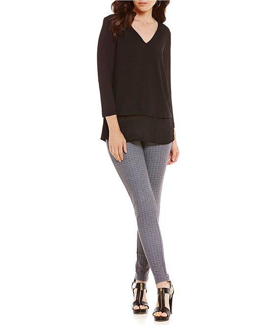 MICHAEL Michael Kors Mixed Woven Knit Layered Hem V-Neck 3/4 Sleeve Shirt Product Image