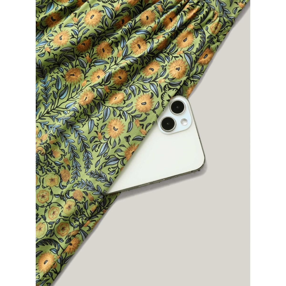 Plus Size Rayon Floral Print High Waisted Midi Dress Olive Women Square Neck Sleeveless Curvy BloomChic 18-20/2X Product Image