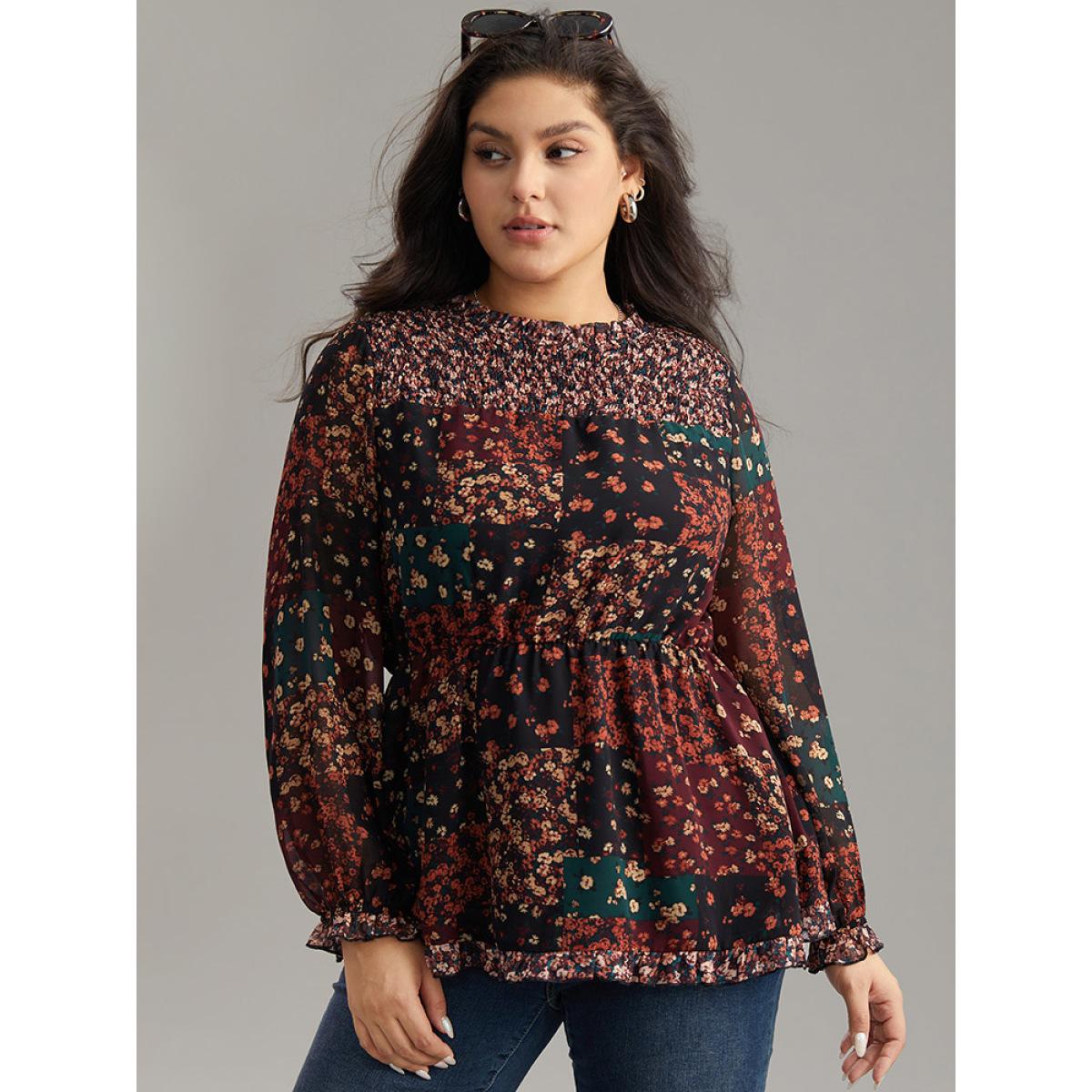 Plus Size BlackFlower Ditsy Floral Shirred Patchwork Frill Trim Gathered Blouse Women Elegant Long Sleeve Stand-up collar Everyday Blouses BloomChic 10/M Product Image