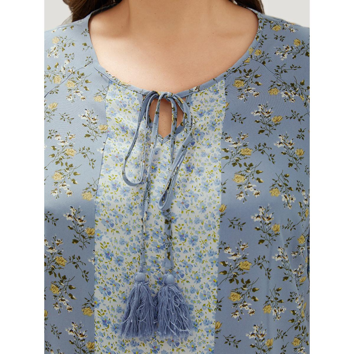 Plus Size Stone Ditsy Floral Tassels Tie Patchwork Ruffle Sleeve Blouse Women Elegant Short sleeve Tie Neck Dailywear Blouses BloomChic 12/L Product Image
