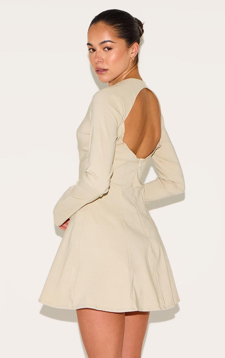 Beige Woven Boat Neck Flare Sleeve Shift Dress Product Image