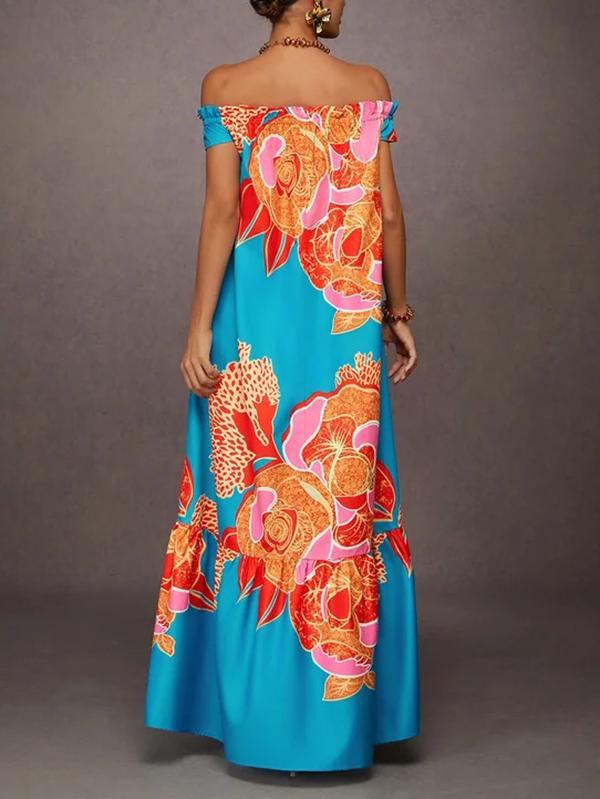A-Line Loose Elasticity Flower Print Pleated Split-Joint Off-The-Shoulder Maxi Dresses Product Image