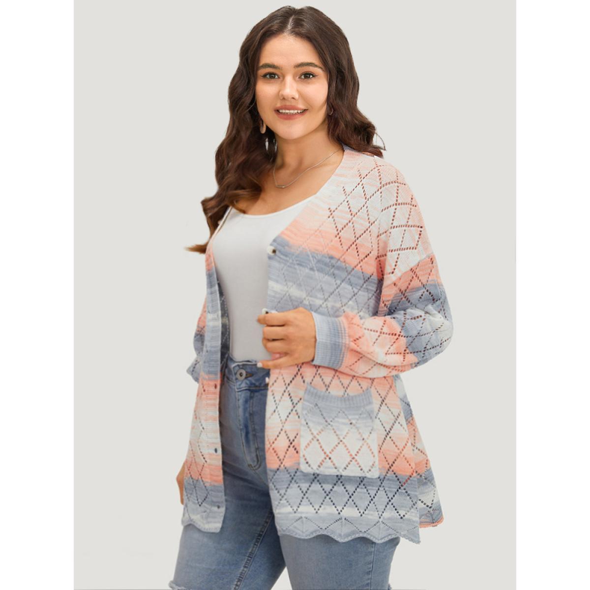 Plus Size Ombre Pocket Scalloped Trim Button Down Cardigan Coral Women Casual Loose Long Sleeve Dailywear Cardigans BloomChic 12/L Product Image