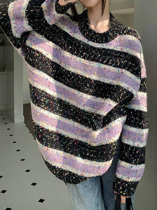 Popcorn Contrast Color Striped Knit Sweater Product Image