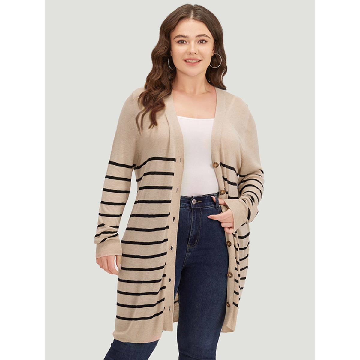 Plus Size Supersoft Essentials Striped Button Fly Tunic Cardigan Champagne Women Casual Loose Long Sleeve Dailywear Cardigans BloomChic 12/L Product Image
