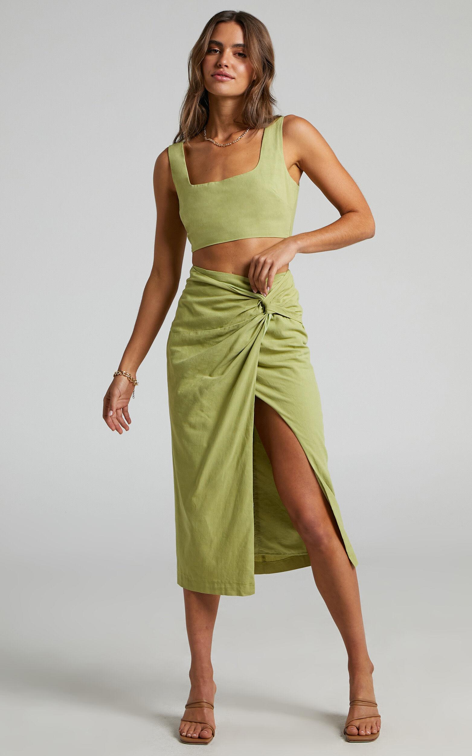 Gibson Two Piece Top and Skirt Set - Linen Crop Top and Knot Front Midi Skirt Set in Celery Product Image