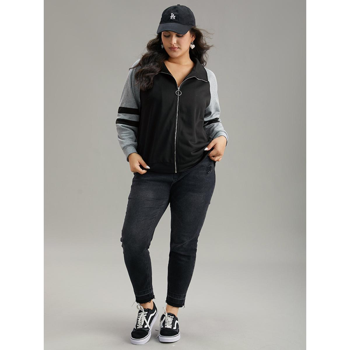 Plus Size Contrast Contrast Trim O Ring Zipper Jacket Women Black Contrast Everyday Jackets BloomChic 14-16/1X Product Image