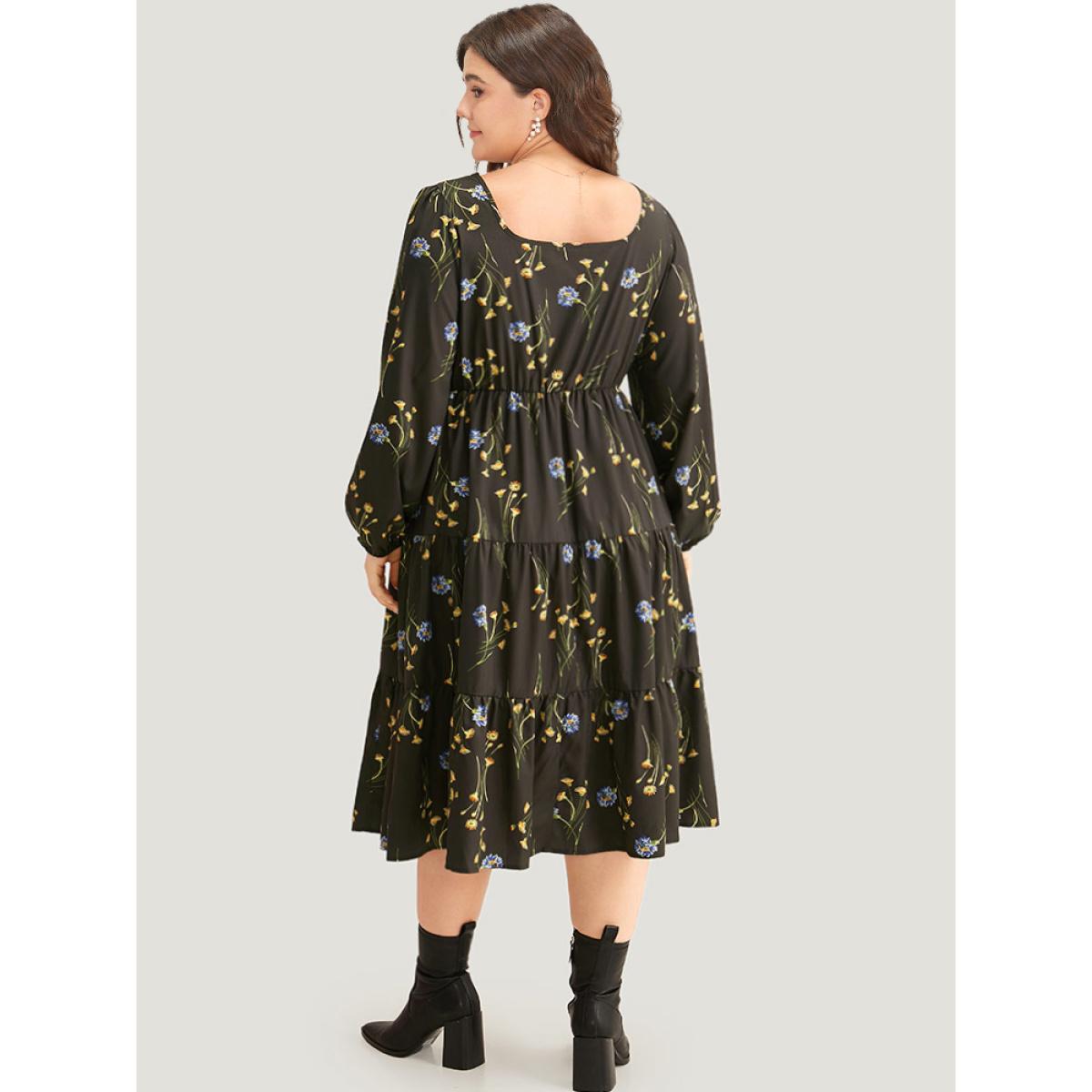 Plus Size Floral Print Ruffle Hem Elastic Cuffs Dress Black Women Elegant Elastic cuffs Square Neck Long Sleeve Curvy Midi Dress BloomChic 30/6X Product Image
