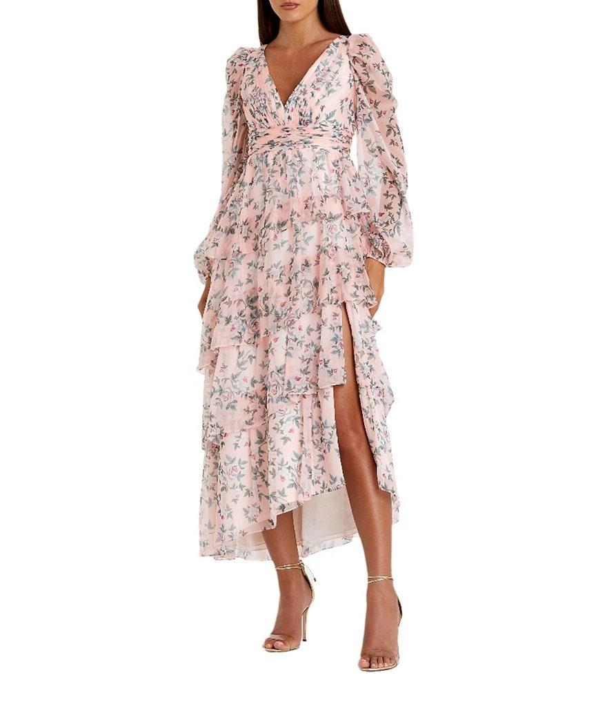 Mac Duggal Floral Print V-Neck Long Sleeve Side Slit Tiered Ruffled Midi Dress Product Image