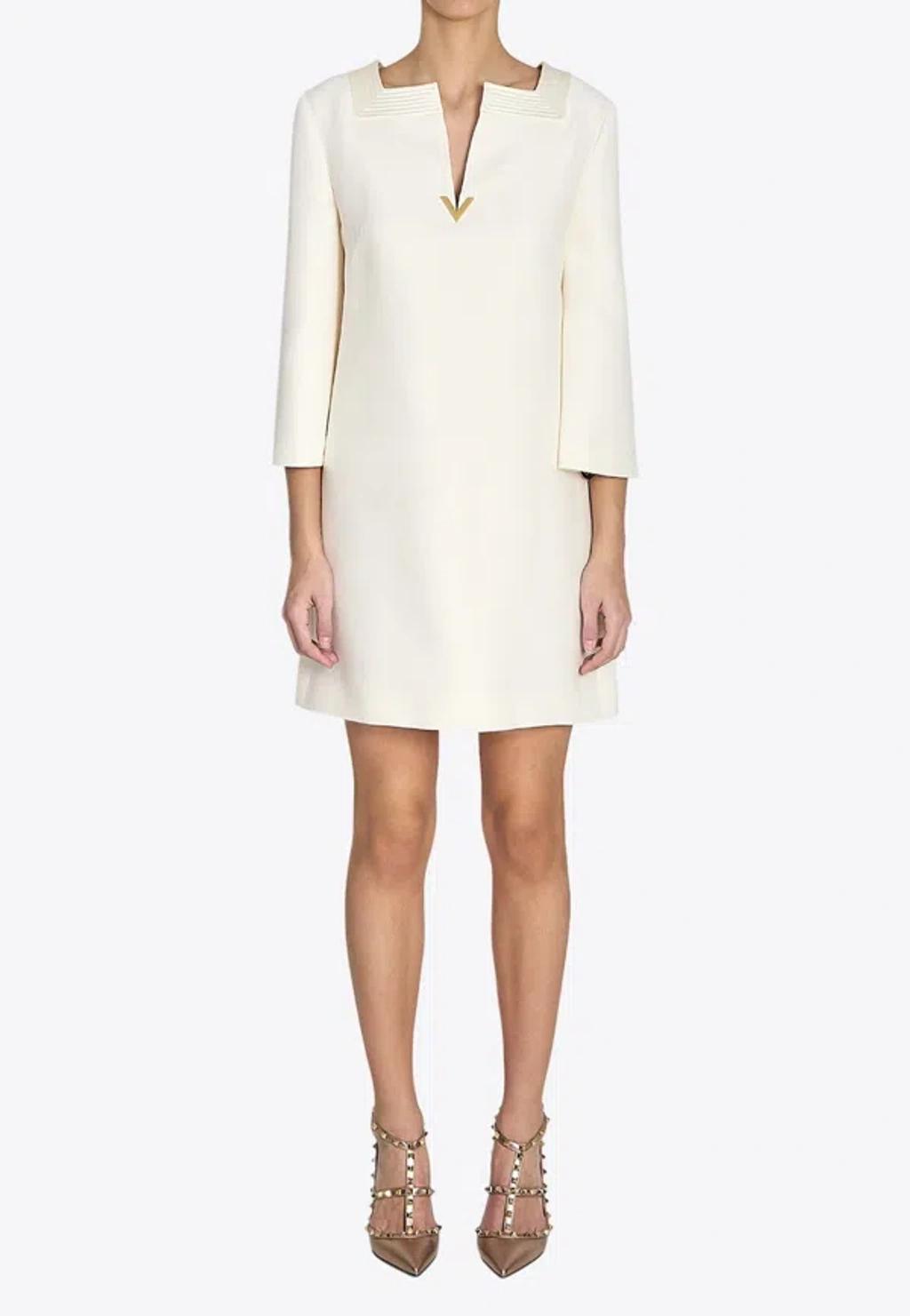 VALENTINO Embellished Silk Satin-trimmed Wool And Silk-blend Crepe Mini Dress In White Product Image