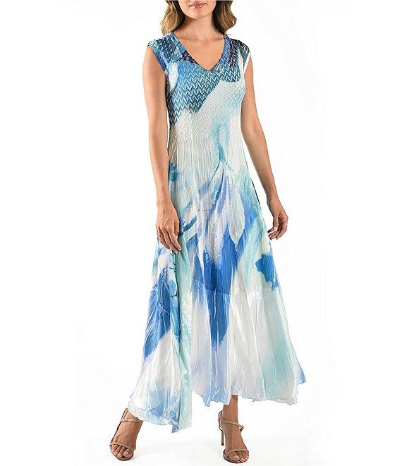 Komarov V-Neck Sleeveless Watercolor Printed Mixed Media Maxi Dress Product Image