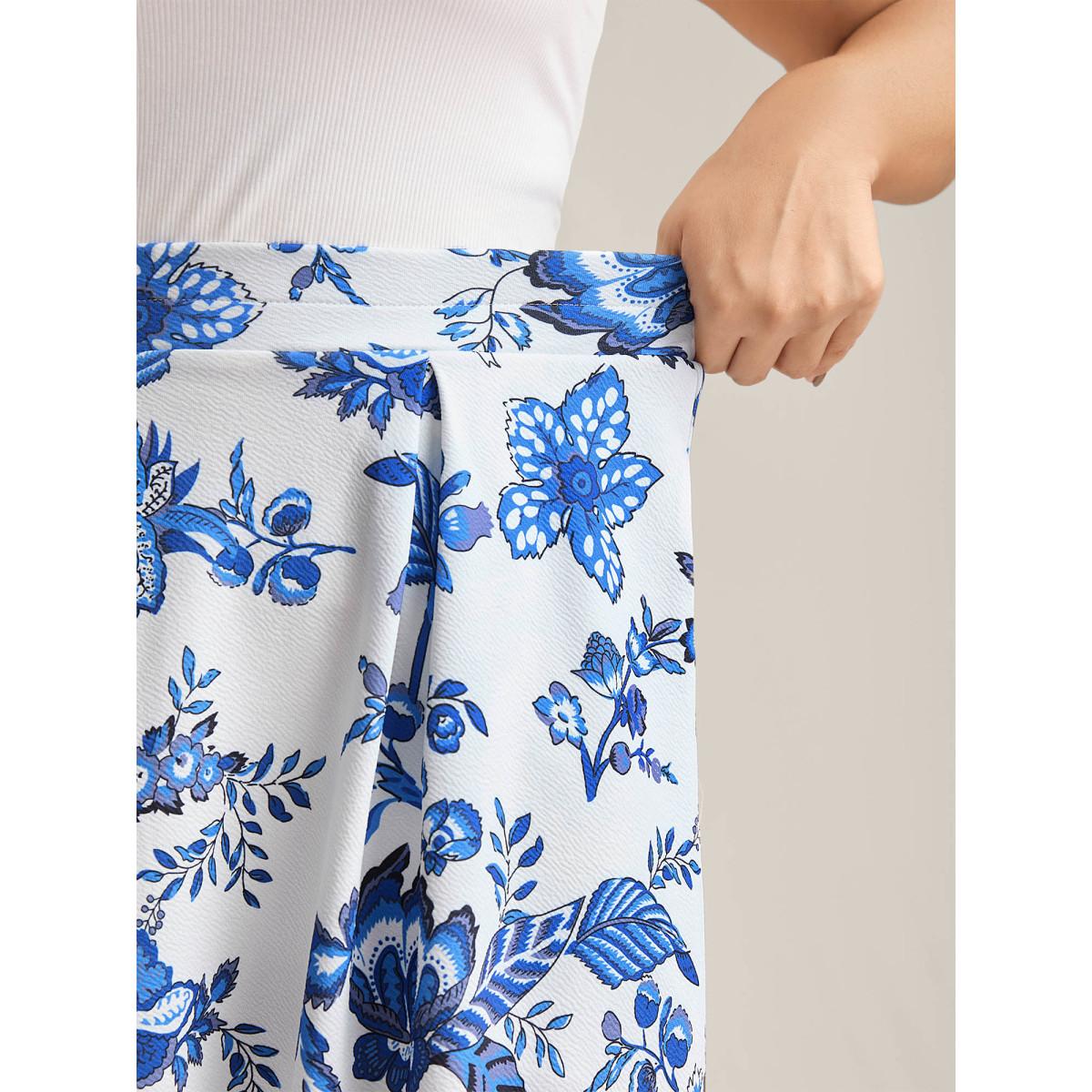 Plus Size Floral Print Flared Midi Skirt Women LightBlue Elegant Contrast Bodycon Low stretch Side seam pocket Everyday-Elegant Skirts BloomChic 10/M Product Image