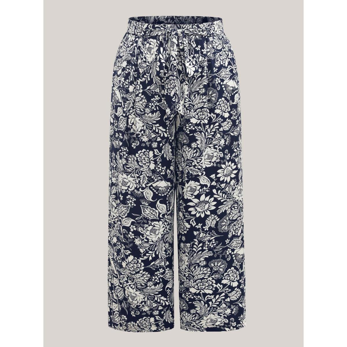 Plus Size Floral Print Waist-Tie Straight-Leg Pants Women Indigo Casual Wide Leg Mid Rise Everyday Pants BloomChic 14-16/1X Product Image
