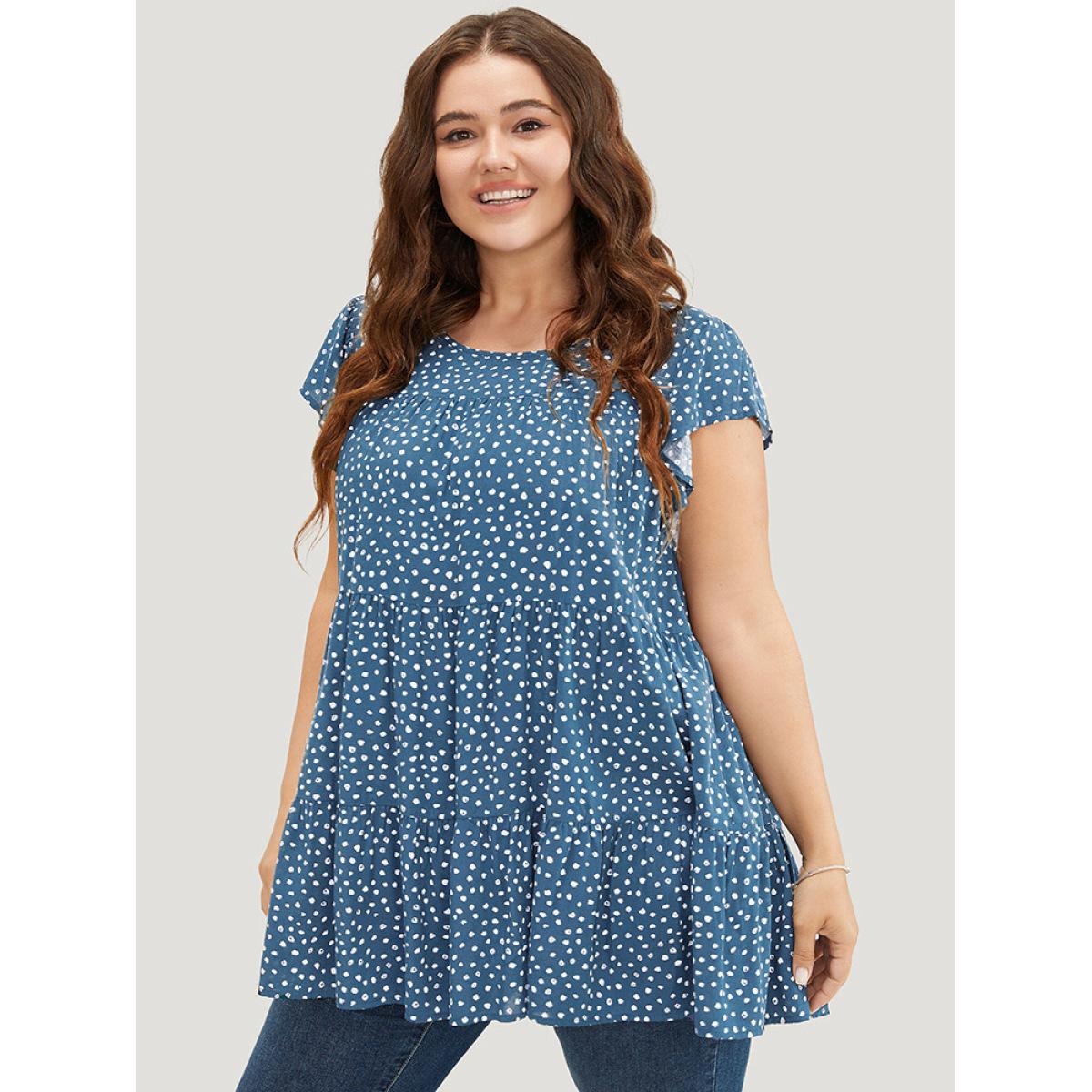 Plus Size Stone Allover Print Cap Sleeve Ruffle Hem Gathered Blouse Women Casual Cap Sleeve Round Neck Everyday Blouses BloomChic 18-20/2X Product Image