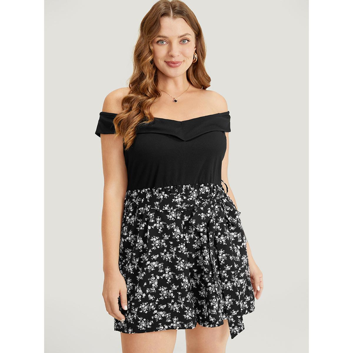 Plus Size Black Ditsy Floral Patchwork Pocket Belted Off Shoulder Romper Women Elegant Sleeveless One-shoulder neck Dailywear Loose Jumpsuits BloomChic 26/4X Product Image