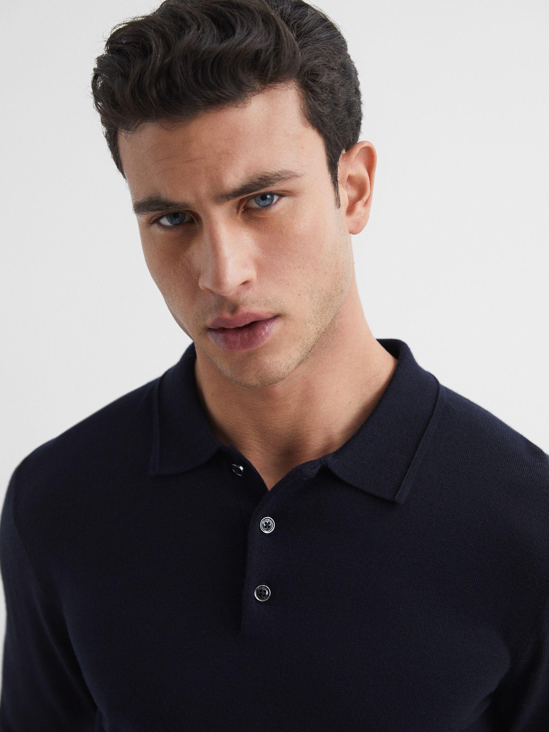 Merino Wool Polo Shirt in Navy Product Image
