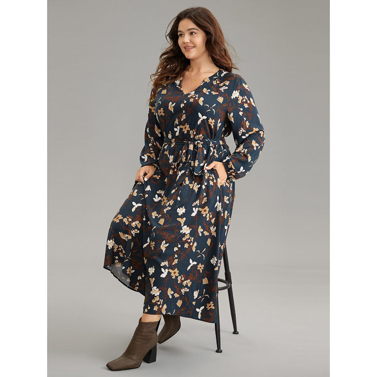 Plus Size Floral Print Notched Belted Lantern Sleeve Dress DarkBlue Women Elegant Elastic cuffs Notched collar Long Sleeve Curvy Midi Dress BloomChic 30/6X Product Image