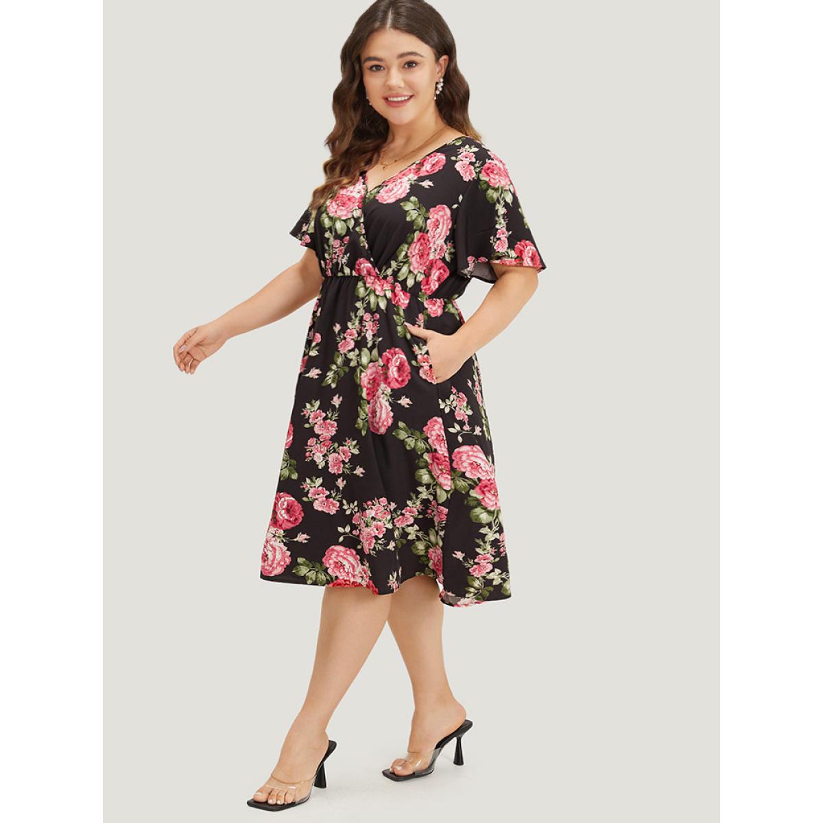 Plus Size Floral Print Ruffle Sleeve Pocket V Neck Wrap Dress BlackFlower Women Elegant Printed V-neck Short sleeve Curvy Midi Dress BloomChic 14-16/1X Product Image