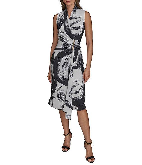 Donna Karan Crepe V-Neck Sleeveless Faux Wrap Midi Dress Product Image
