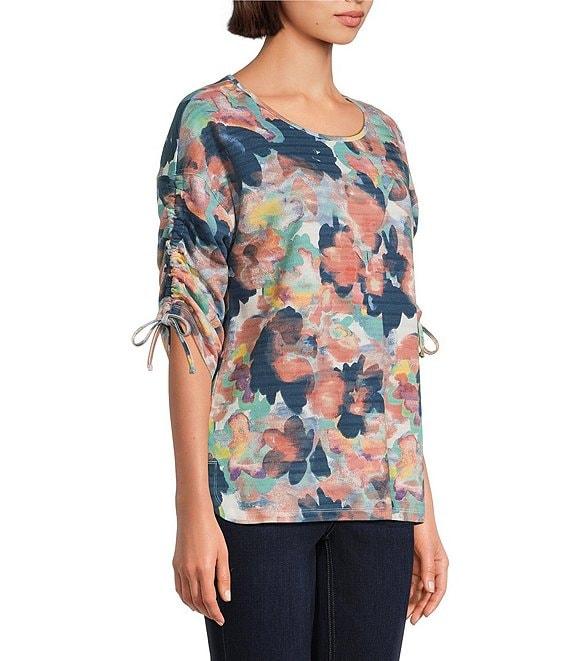 Westbound Petite Size Knit Dark Denim Blur Floral 3/4 Ruched Sleeve Top Product Image