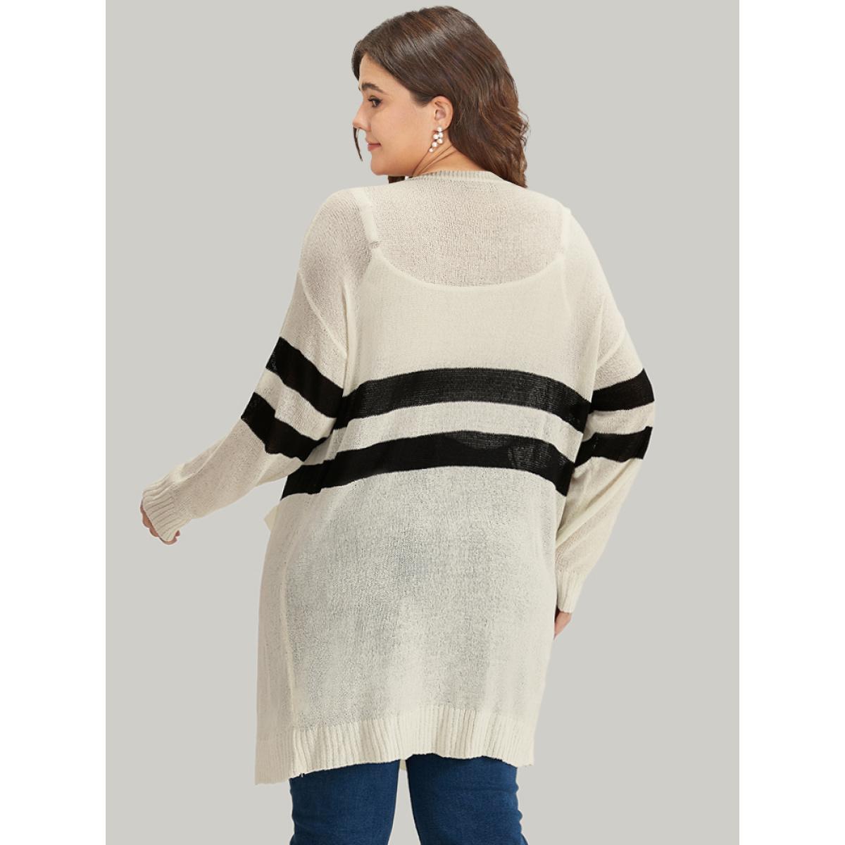 Plus Size Striped Pocket Open Front Cardigan Beige Women Casual Loose Long Sleeve Everyday Cardigans BloomChic 30/6X Product Image