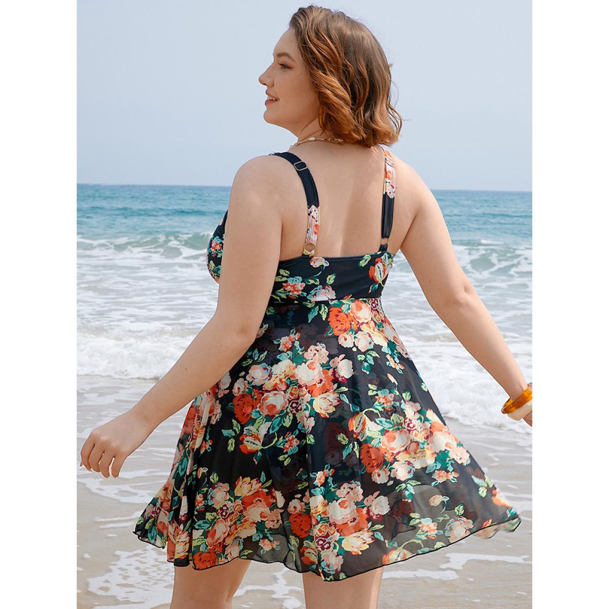 Plus Size Floral Ruffle Hem Twist Ruched Swim Dress Women's Swimwear BlackFlower Vacation Bodycon V-neck High stretch Curve Swim Dresses BloomChic 26/4X Product Image