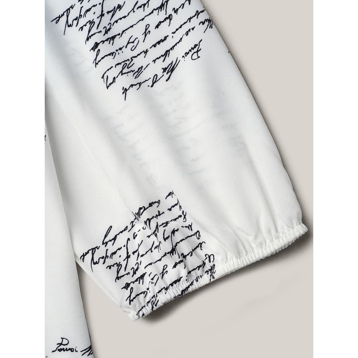 Plus Size Originalwhite Text Pattern Ruffled Lantern Sleeve Blouse Women Office Elbow-length sleeve V-neck Office Blouses BloomChic 18-20/2X Product Image