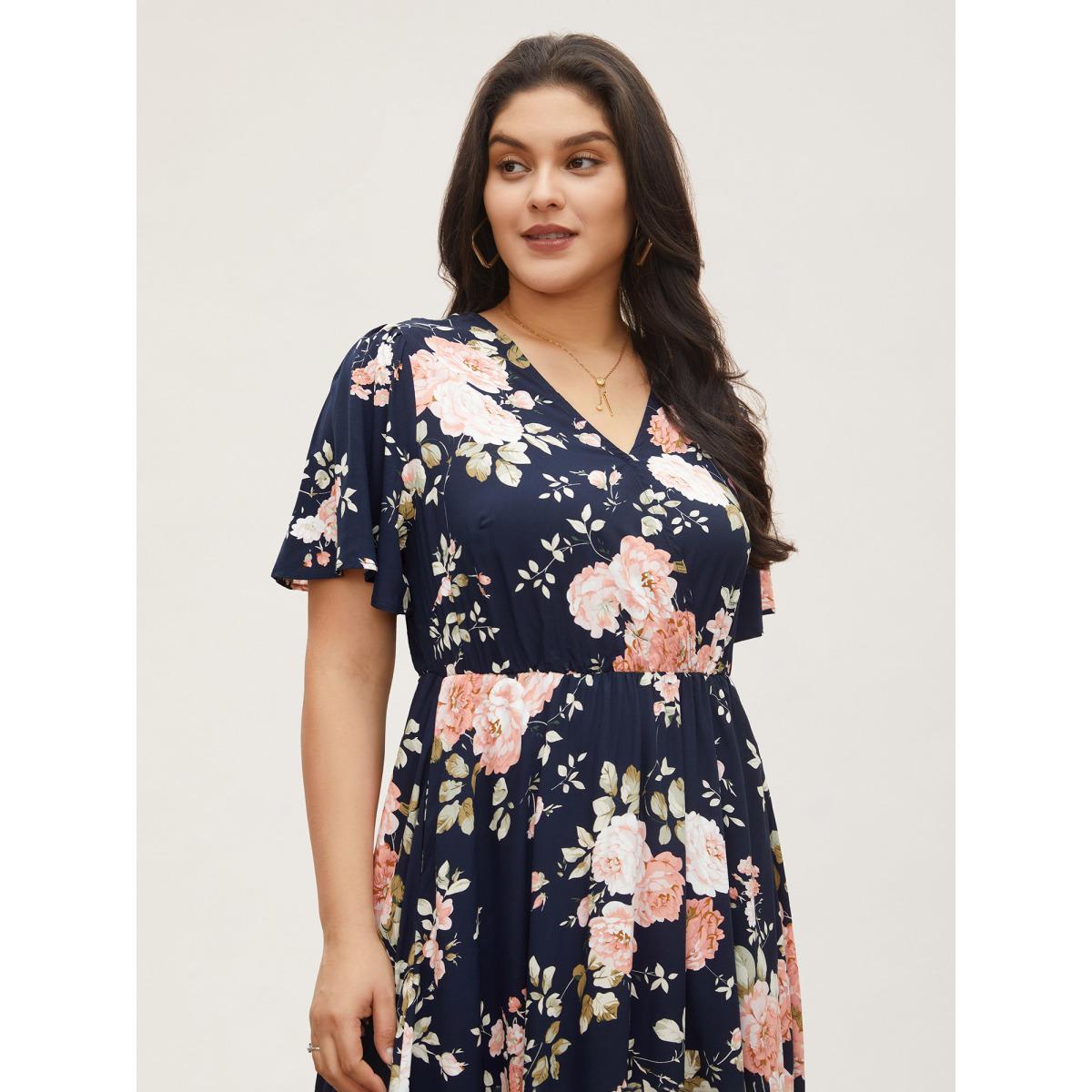 Plus Size Bloom Dress - Flutter Sleeve Ditsy Floral Pocket Split Maxi Dress LightGreen Women Romantic Slit V-neck Half Sleeve Curvy Long Dress BloomChic 10/M Product Image