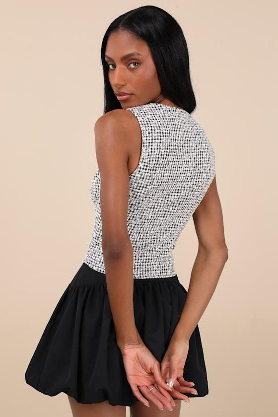 Kotone Black and White Gingham Embroidered Sleeveless Top Product Image