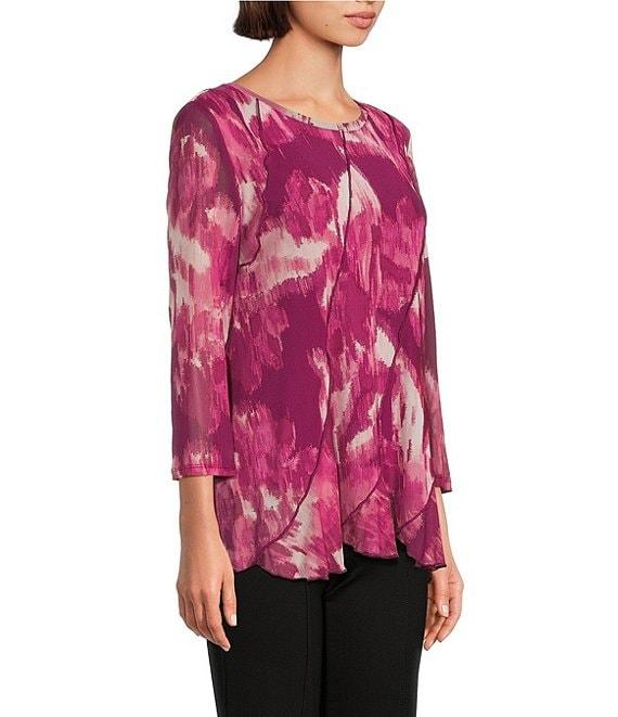 Slim Factor by Investments Kiki Blur Print Crew Neck Long Sleeve Ruffled Hem Lined Top Product Image