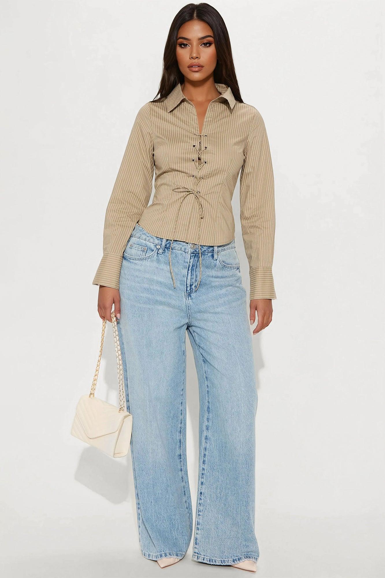 Sierra Lace Up Pinstripe Shirt - Taupe/combo Product Image