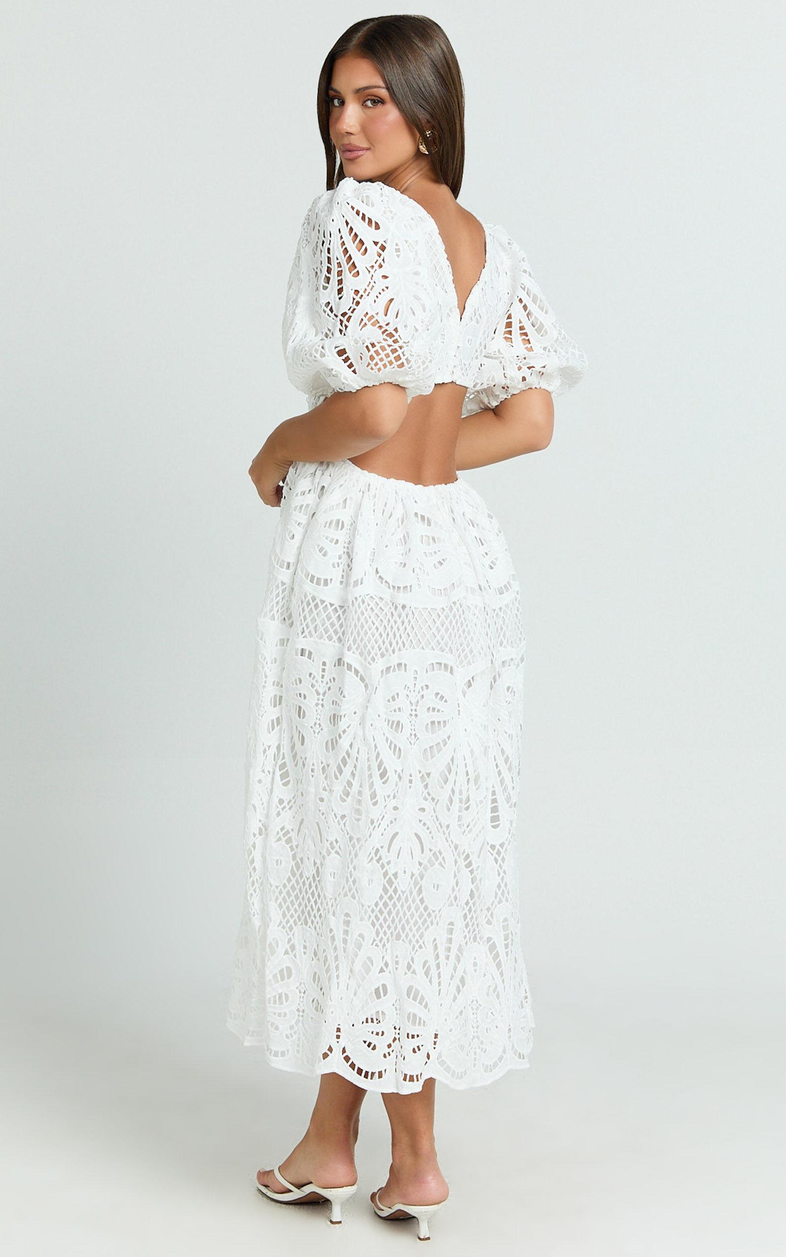 Anieshaya Midi Dress - V Neck Cut Out Lace Dress in White Product Image