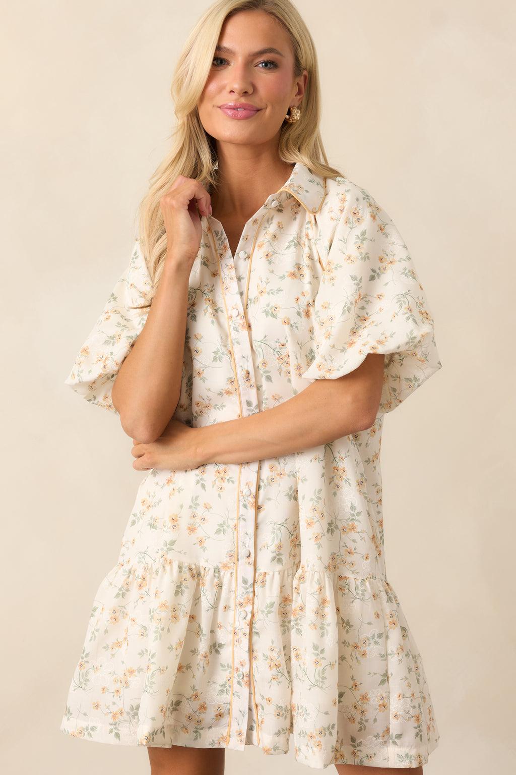 Music Festival Yellow Floral Button Front Mini Dress Product Image